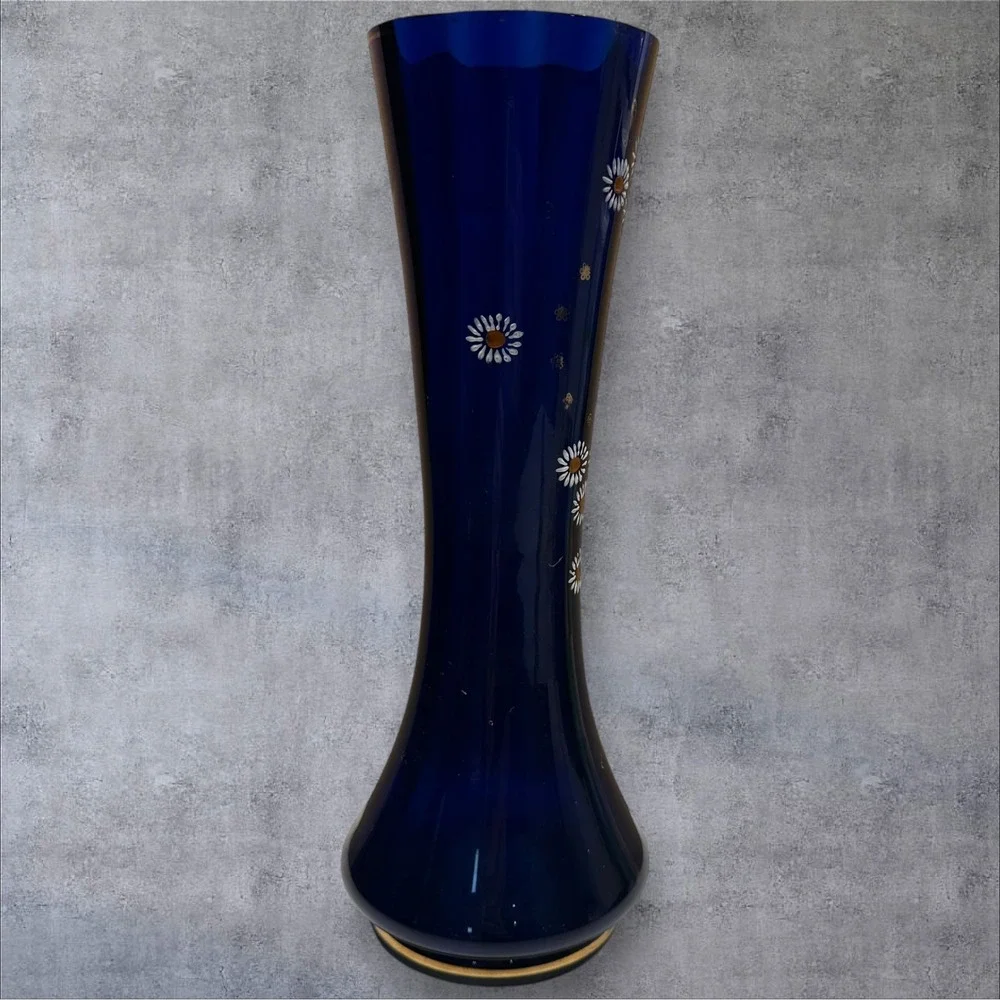 Vintage Cobalt Blue Glass Vase Daisy Flower Design Tall Elegant Home‎ Decor